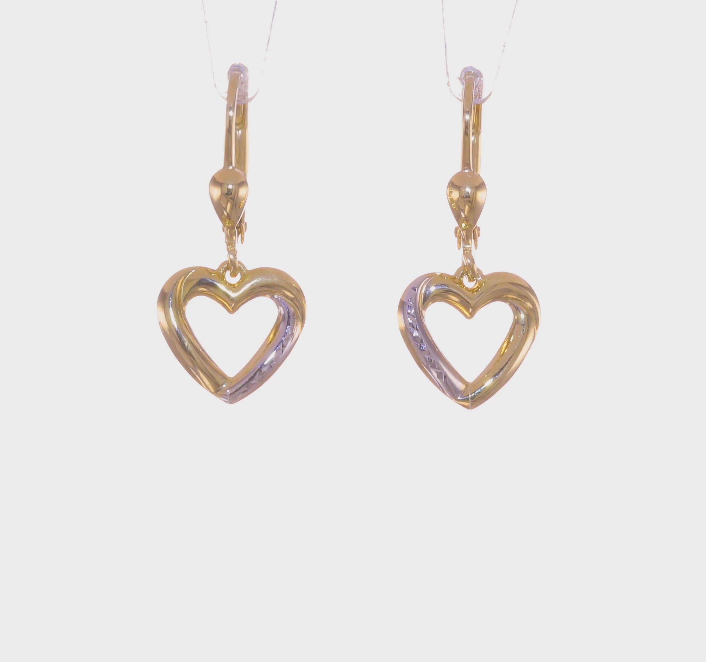 14KT Yellow Gold and Rhodium Textured and Polished Heart Leverback Earring