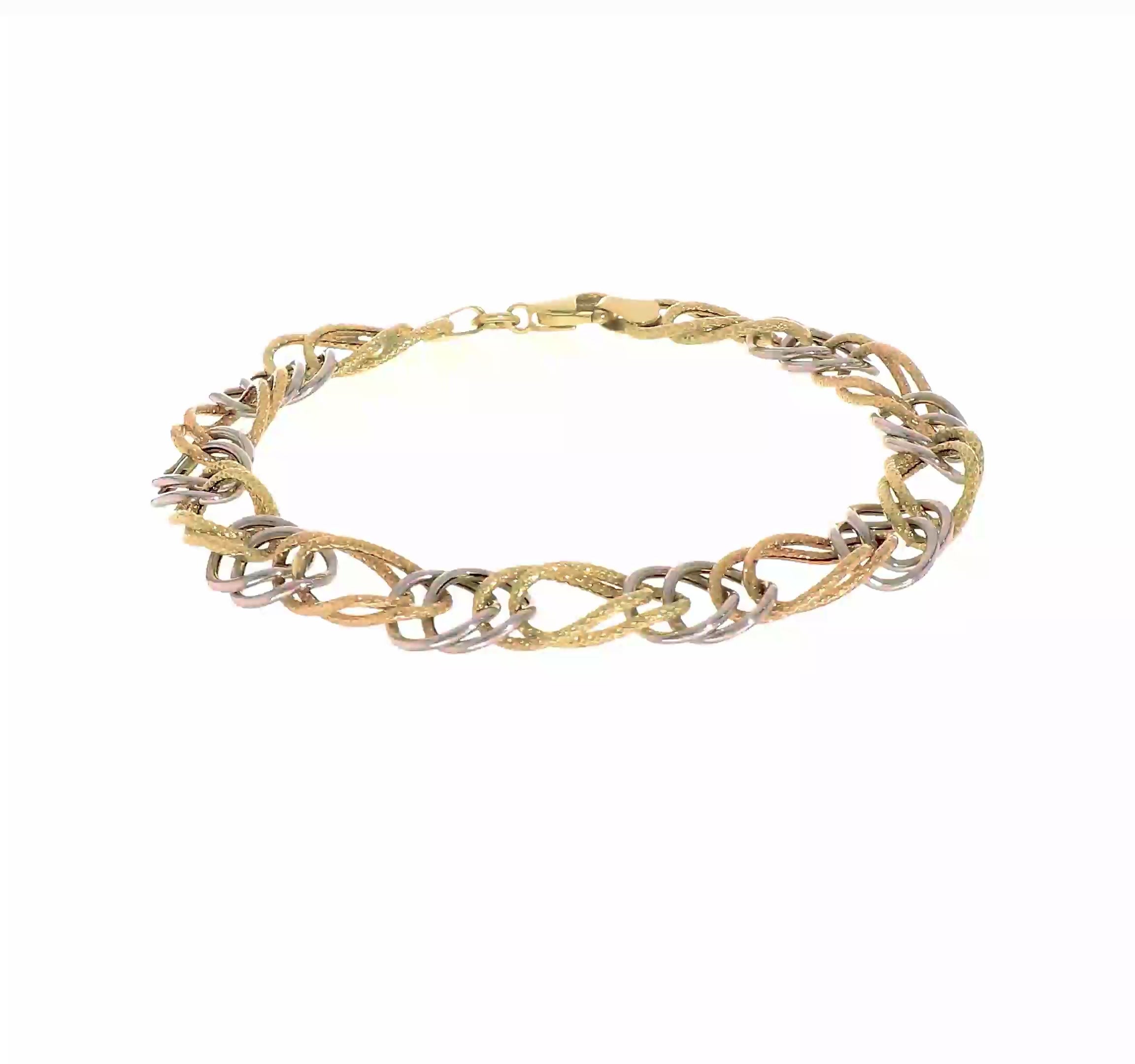 14kt Tri-Color Polished/Textured Fancy Double Link Bracelet