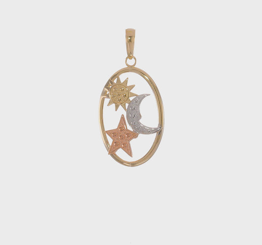 14kt Two-tone w/White Rhodium Sun, Moon and Star Oval Pendant
