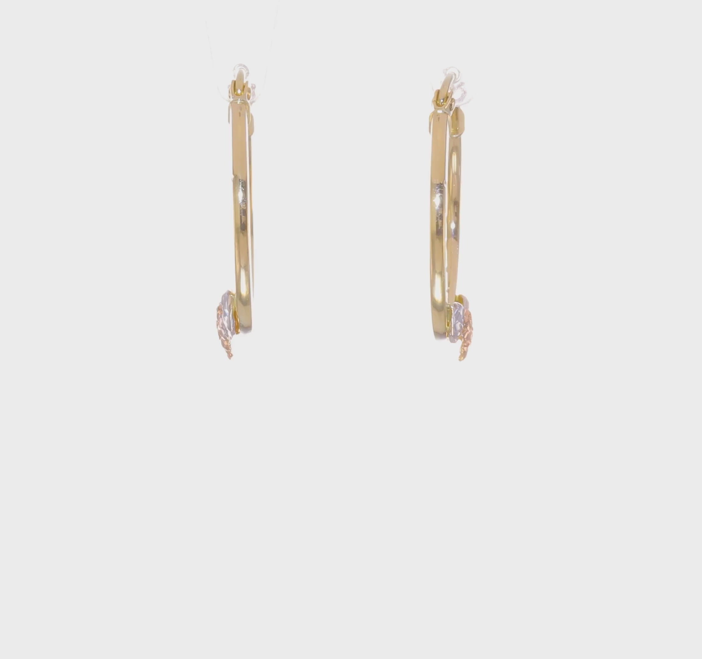 14KT Two Tone Yellow & Rose Gold w/ Rhodium Diamond Cut Flower Hoop Earrings