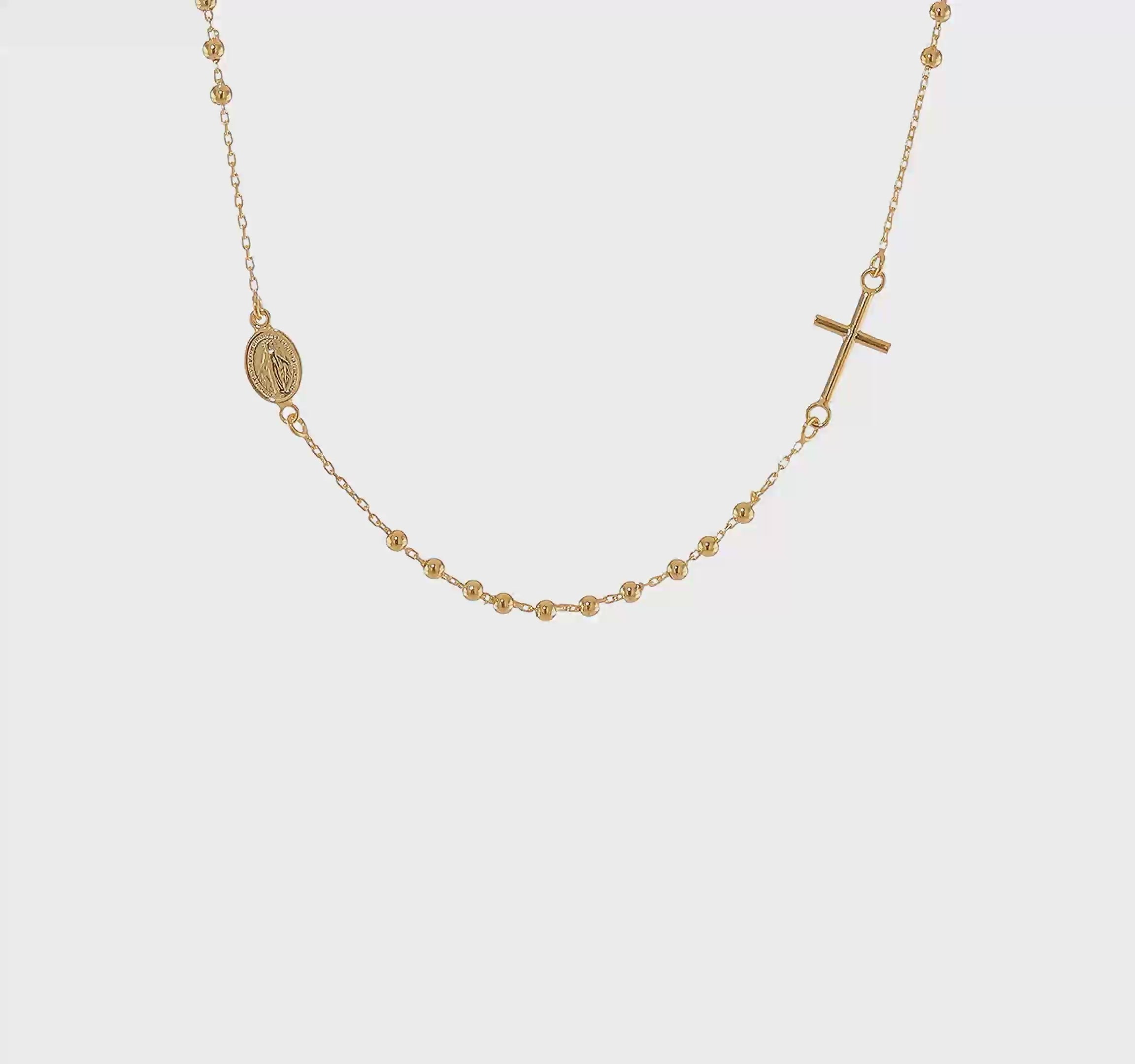 14KT Tri-color Sideways Cross Beaded Rosary Style 18 inch Necklace