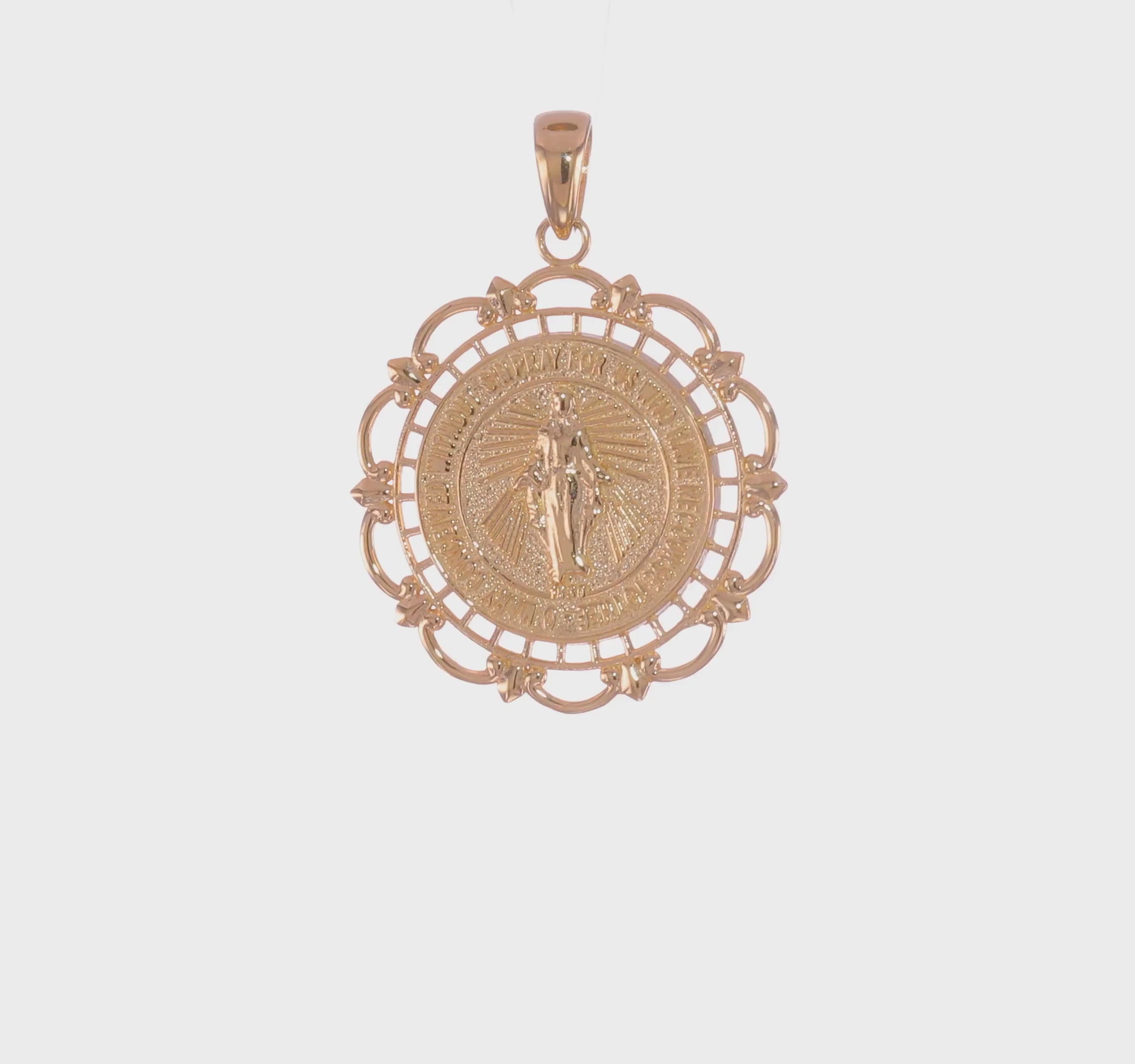 14KT Yellow Gold Polished Miraculous Medal With Scallop Frame Pendant