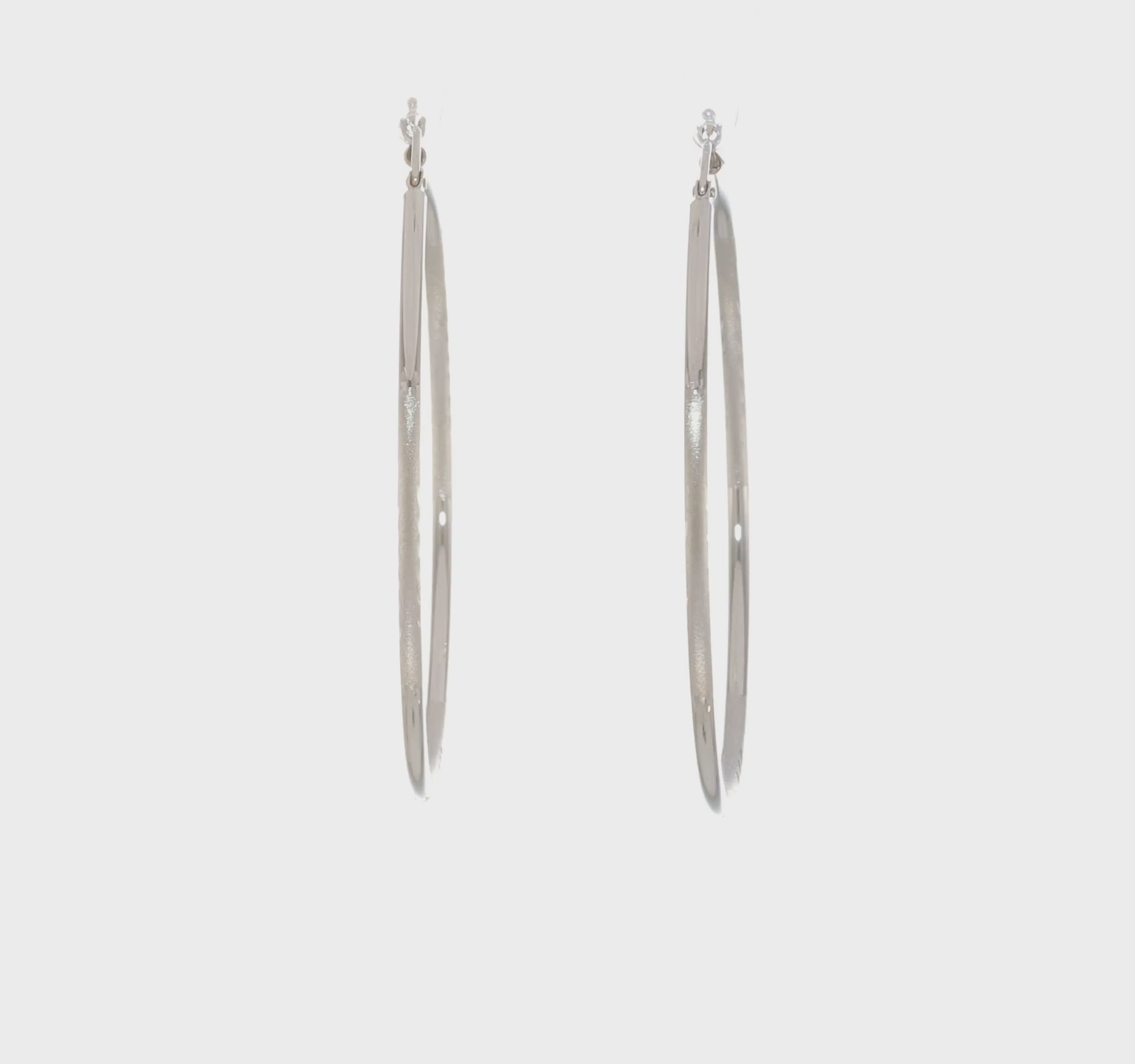 14kt White Gold Satin and Diamond-cut 2mm Round Hoop Earrings