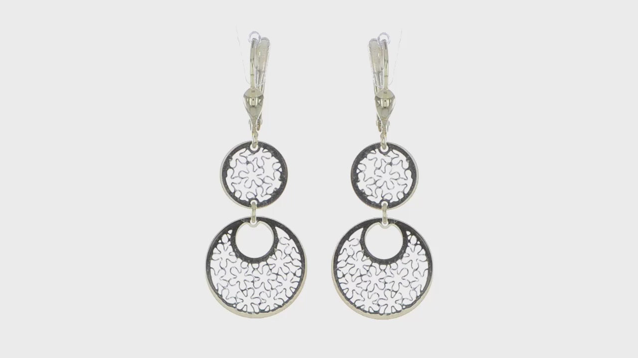 14KT Yellow Gold w/White Rhodium Polished and Textured Leverback Earrings