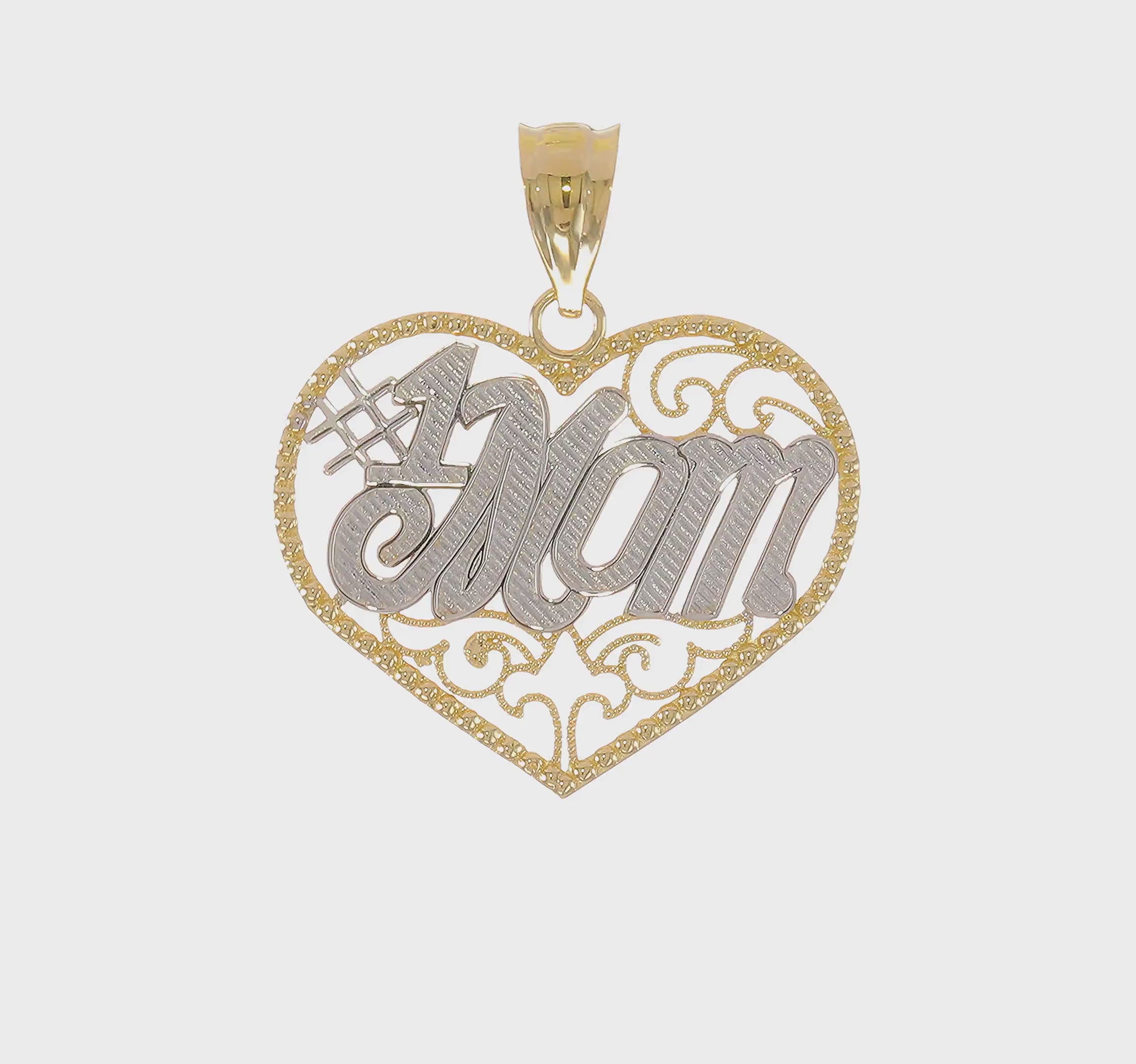 14kt Yellow Gold and White Rhodium Filigree #1 Mom Heart Pendant