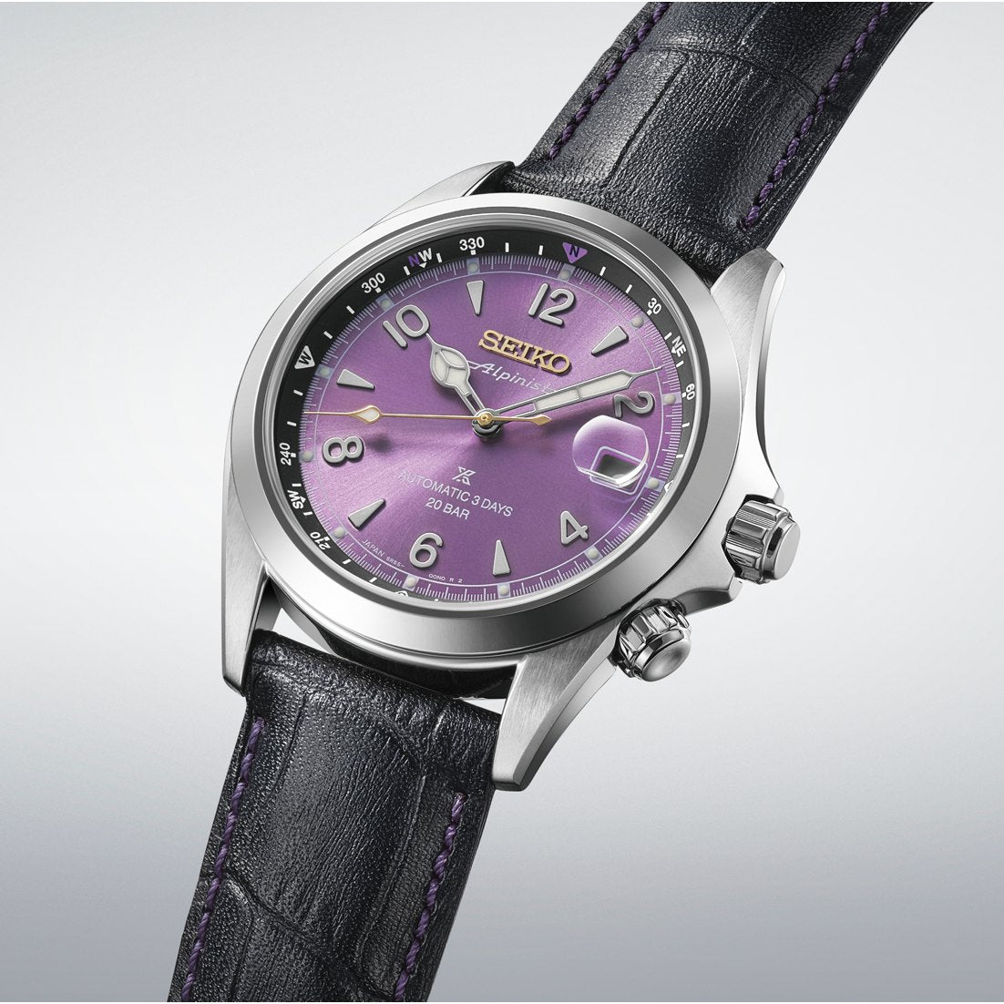 Seiko Prospex Alpinist HBC006 145th anniversary limited edition with Edo Purple dial and black leather strap with purple stitching
