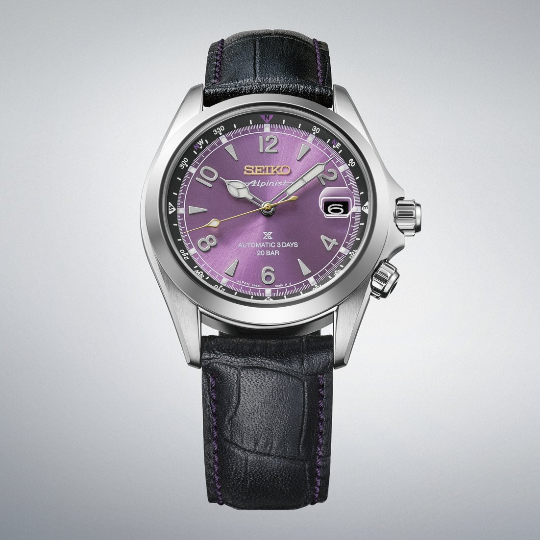Seiko Prospex Alpinist HBC006 145th anniversary edition with purple sunray dial, compass inner ring and black croc-pattern leather strap with purple stitching