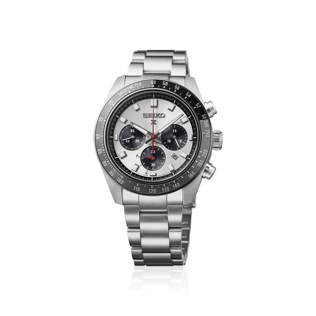 Seiko Prospex Solar Speedtimer HBJ001 silver dial with black tachymeter bezel on steel bracelet