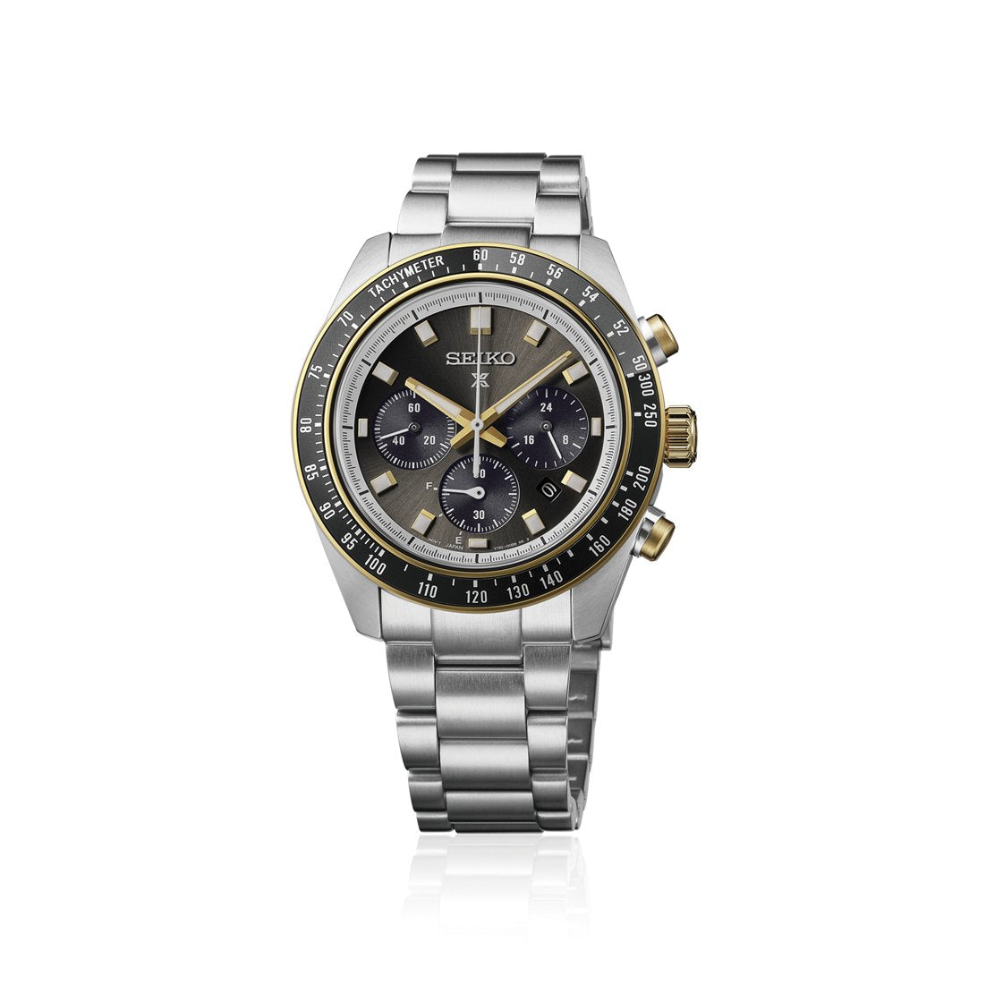 Seiko Prospex Solar Speedtimer HBJ002 black dial with gold-tone bezel, crown and pushers on steel bracelet