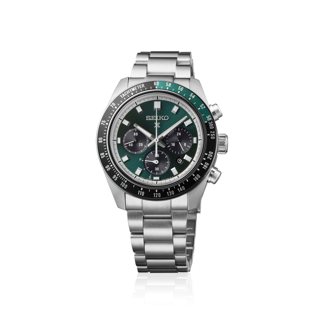 Seiko Prospex Solar Speedtimer HBJ003 green dial with green and black tachymeter bezel on steel bracelet