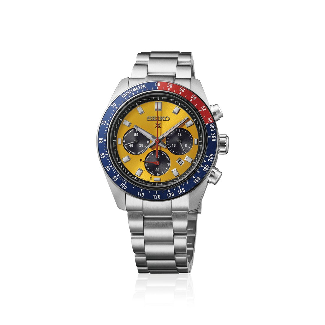 Seiko Prospex Solar Speedtimer HBJ004 yellow dial with blue and red tachymeter bezel on steel bracelet