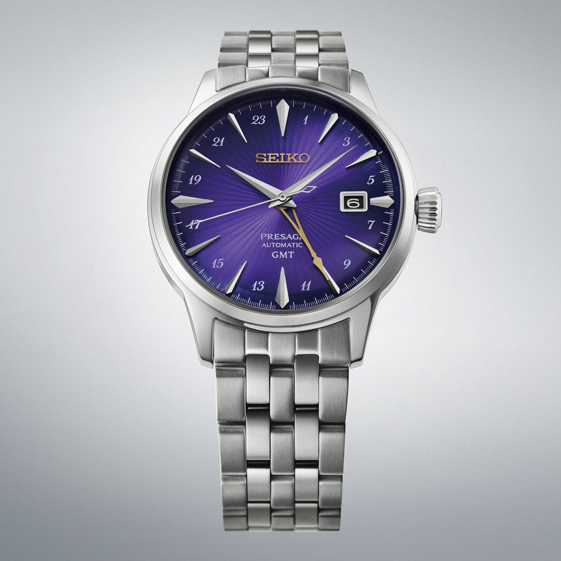 Seiko Presage Cocktail Time GMT HCB006 145th anniversary edition with deep purple sunburst dial, gold GMT hand and five-link stainless steel bracelet