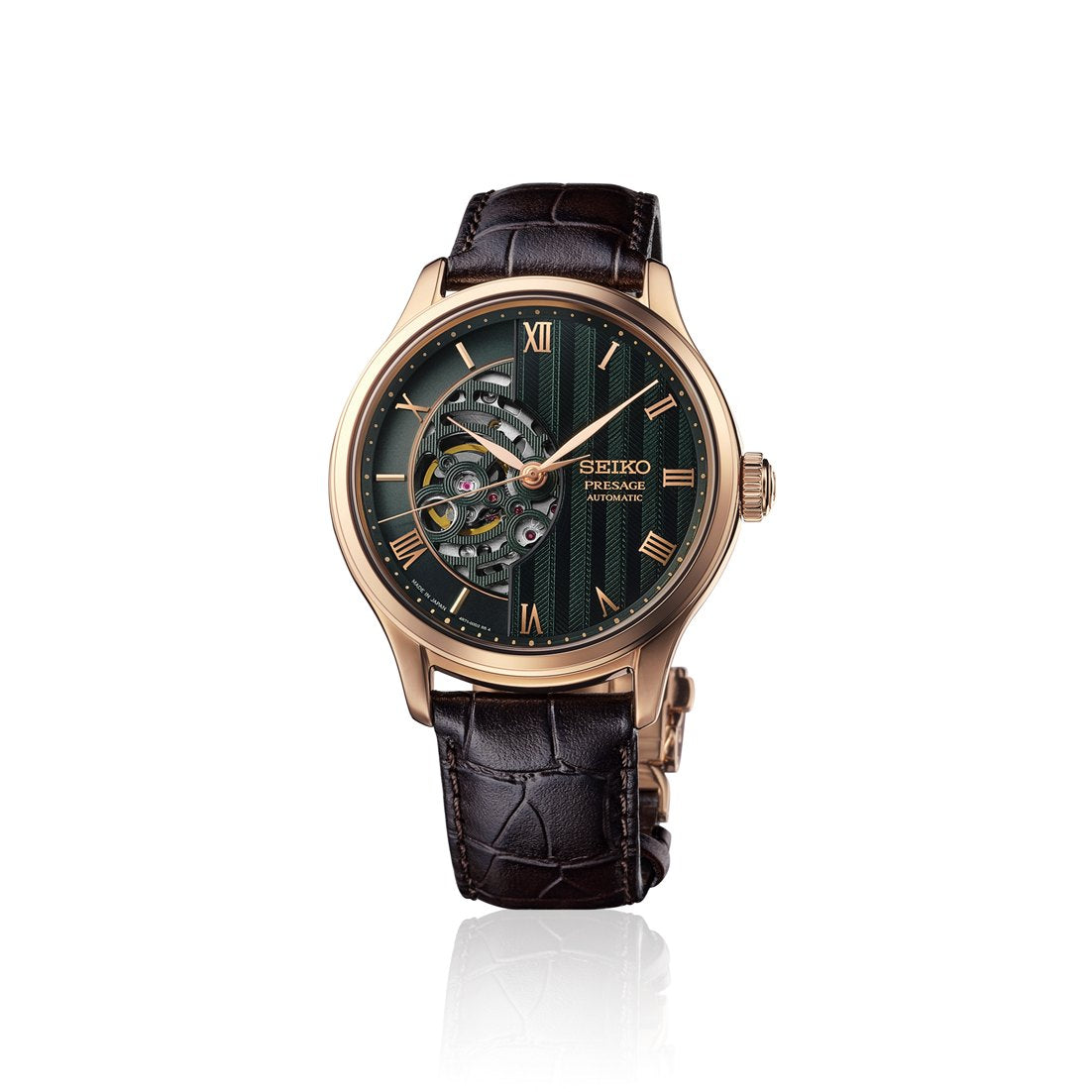 Seiko Presage Japanese Garden HCB007 rose gold case, green herringbone open-heart dial, brown leather strap