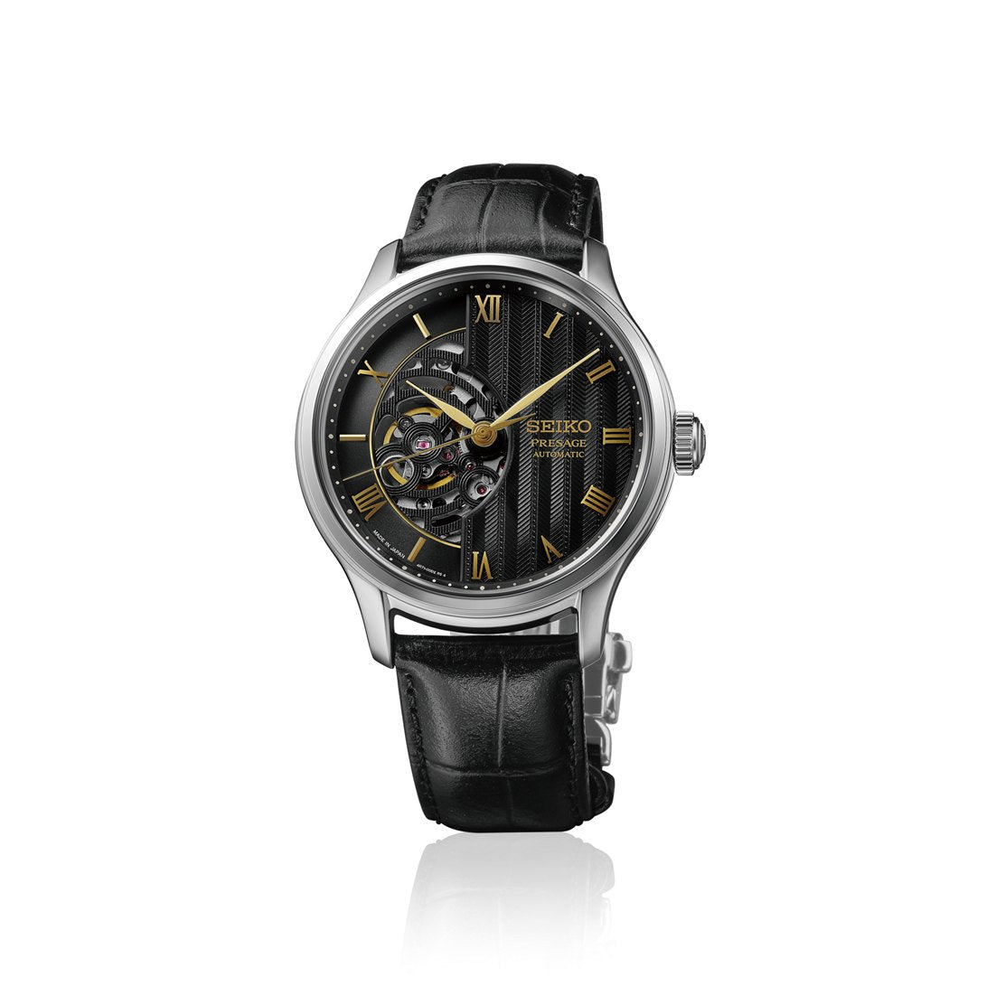 Seiko Presage Japanese Garden HCB008 stainless steel case, black herringbone open-heart dial with gold accents, black leather strap